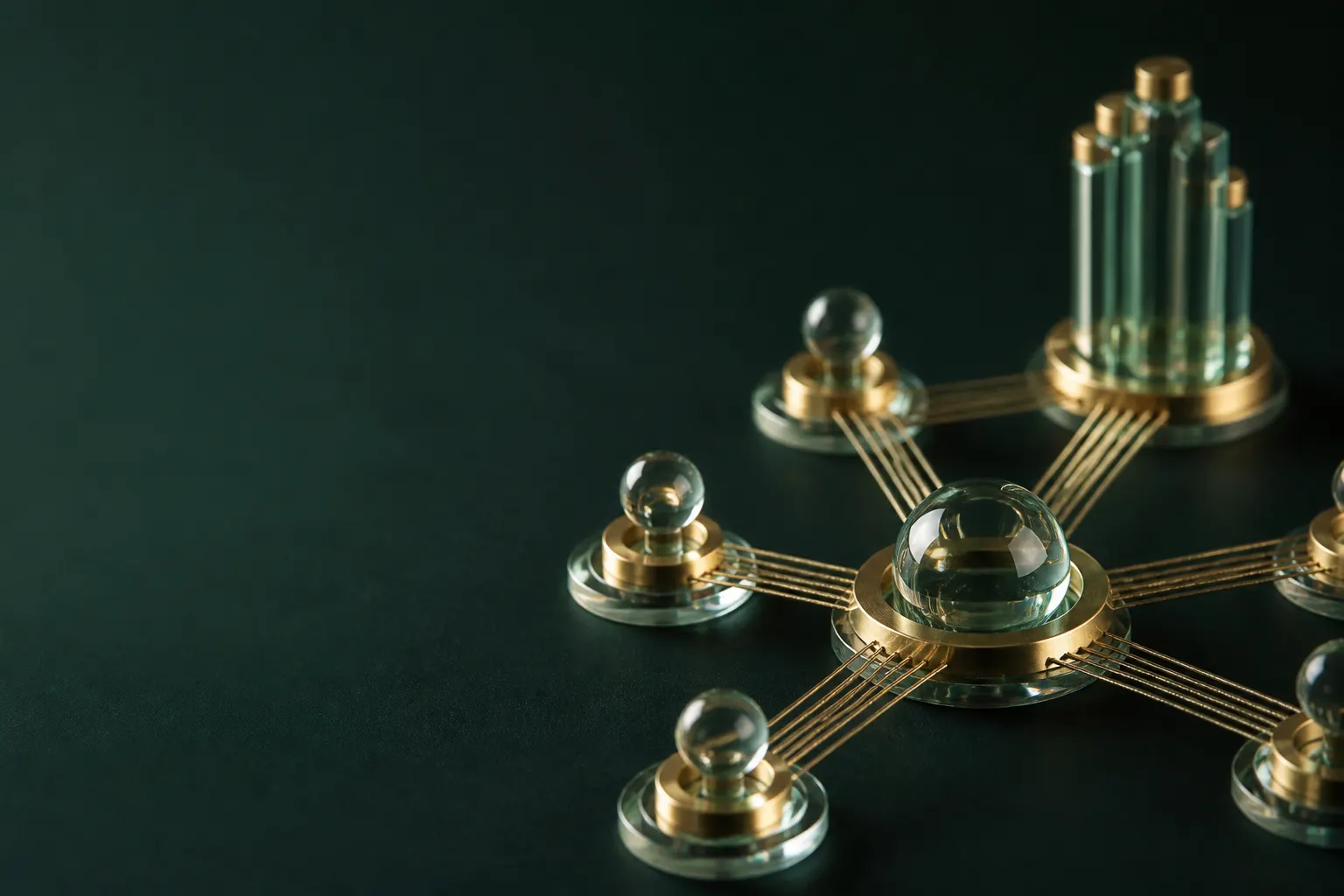 Cocon sémantique holding numérique — nœuds or et verre symbolisant hub et pages piliers