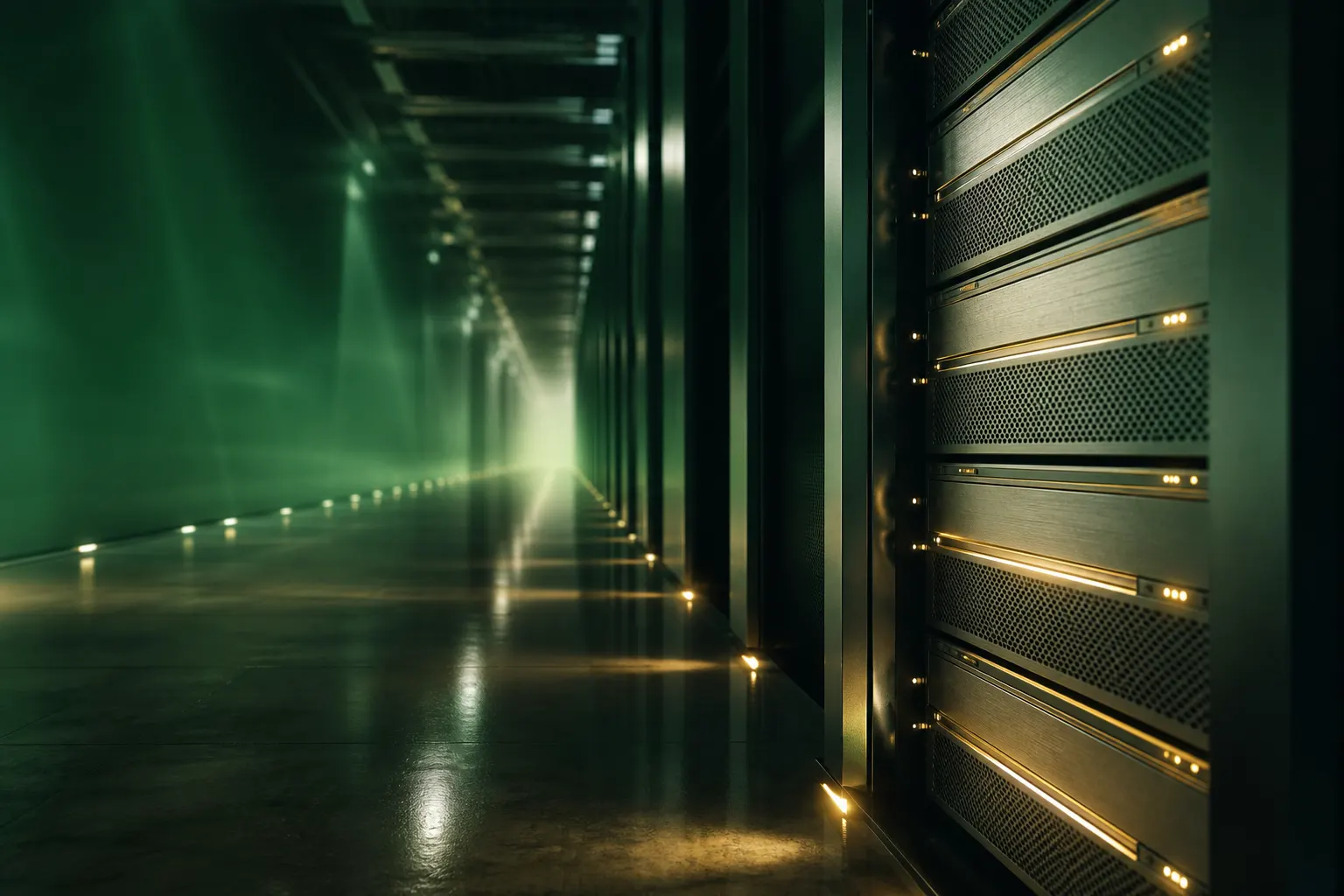 Infrastructures web AQUILIS — baie edge en datacenter, ambiance vert institutionnel
