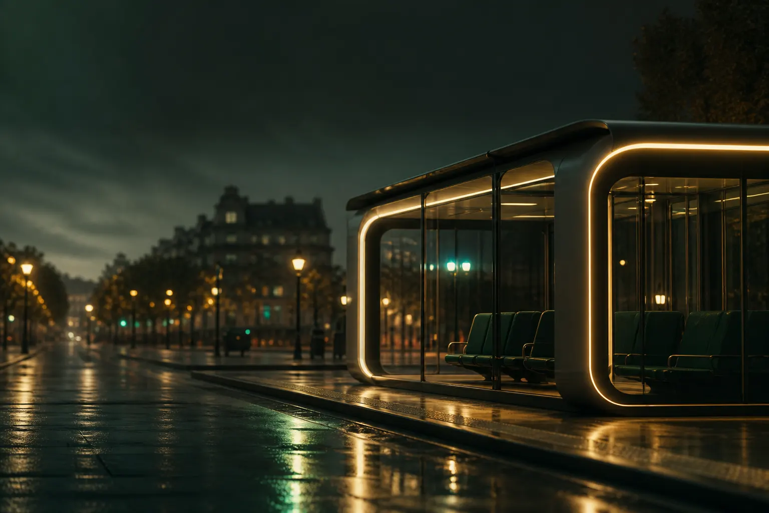 Services locaux et mobilité AQUILIS — navette urbaine au crépuscule, intention proximité